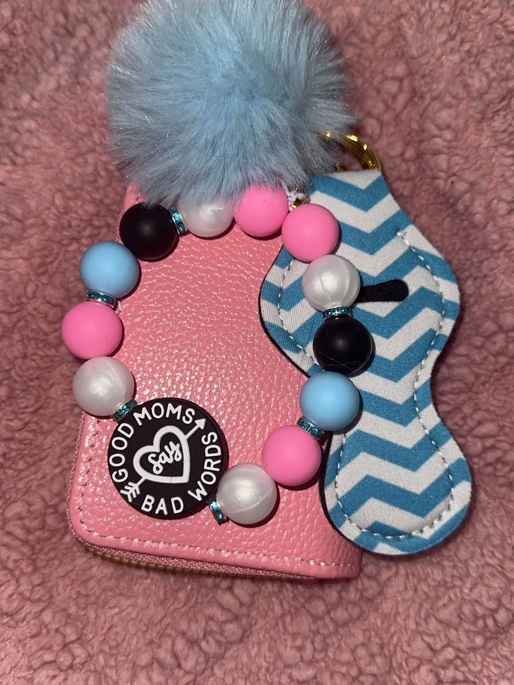 Beaded Pom Keychain Wristlet - Pink, Blue, White